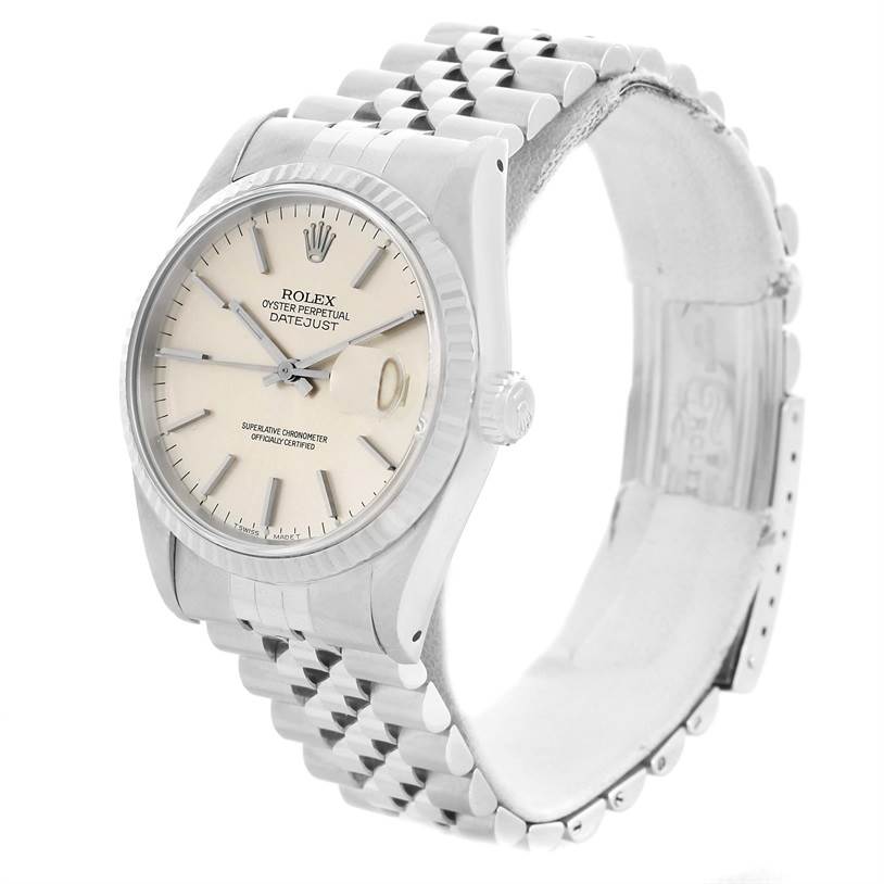 This image shows the front angle and bracelet of a Rolex Datejust 16234 Men's Stainless Steel Silver Dial 16234 Men's Stainless Steel Silver Dial watch, highlighting the dial and Jubilee bracelet.