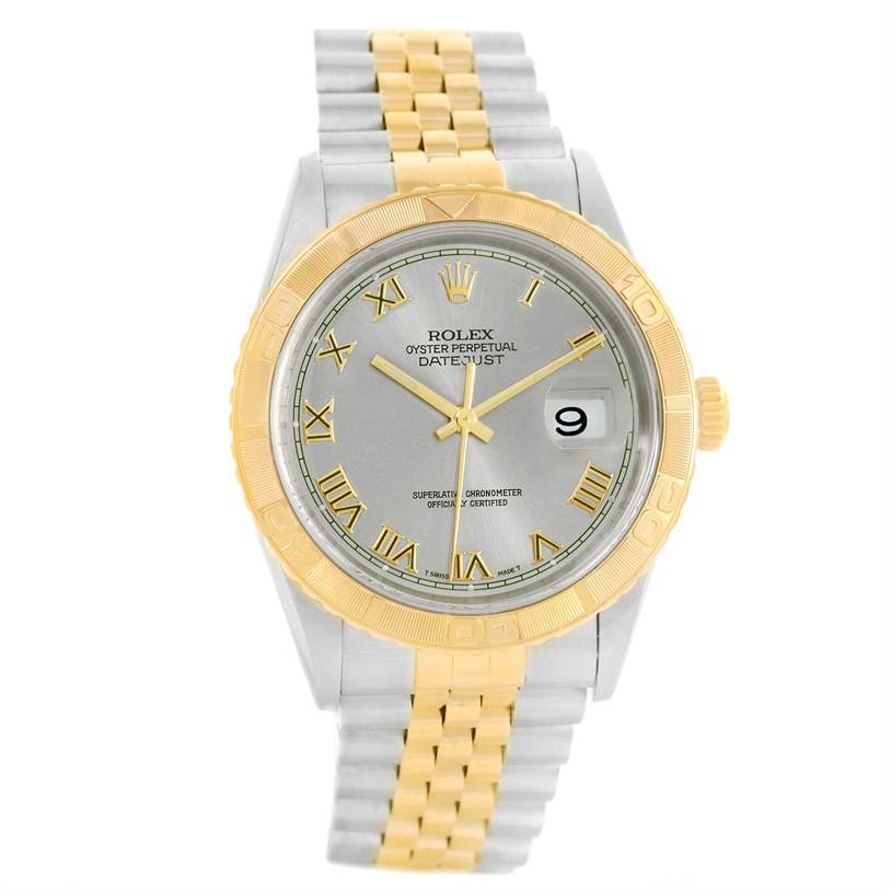 The image shows a front view of the Rolex Datejust 16263 Men's Steel and Gold (two tone) Grey Dial 16263 Men's Steel and Gold (two tone) Grey Dial watch, including its dial, bezel, case, and bracelet.