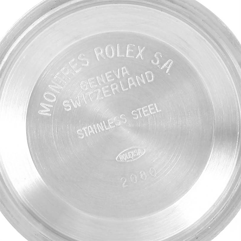 This image shows the engraved back cover of a Rolex Datejust 16263 Men's Steel and Gold (two tone) Grey Dial 16263 Men's Steel and Gold (two tone) Grey Dial, highlighting "Stainless Steel" and "Geneva Switzerland."