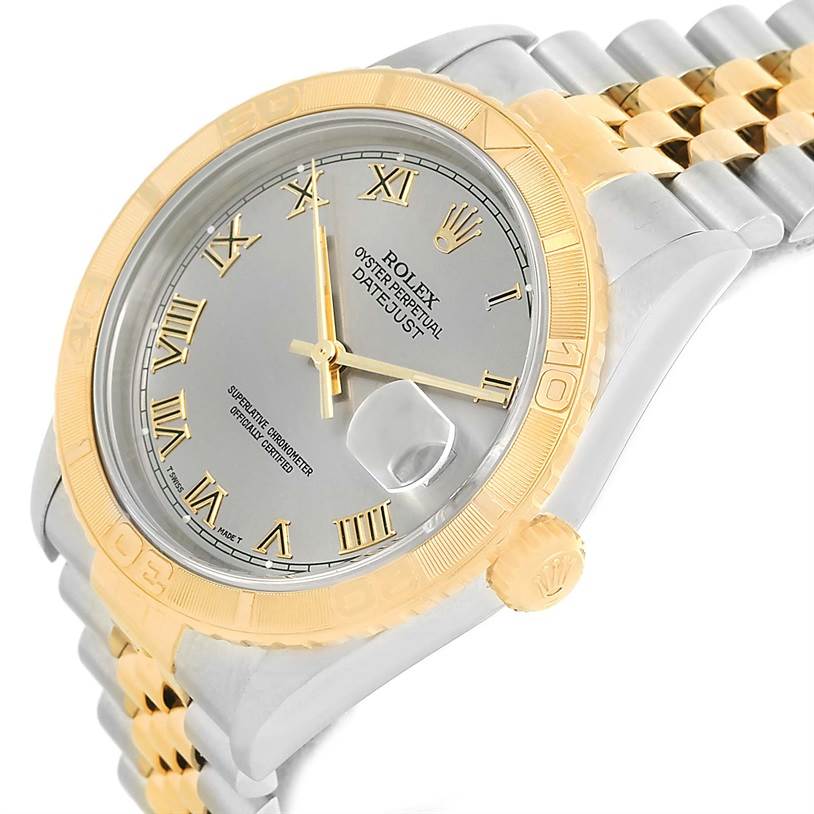 The image shows a Rolex Datejust 16263 Men's Steel and Gold (two tone) Grey Dial 16263 Men's Steel and Gold (two tone) Grey Dial watch at an angle, highlighting its bezel, dial, bracelet, and crown.