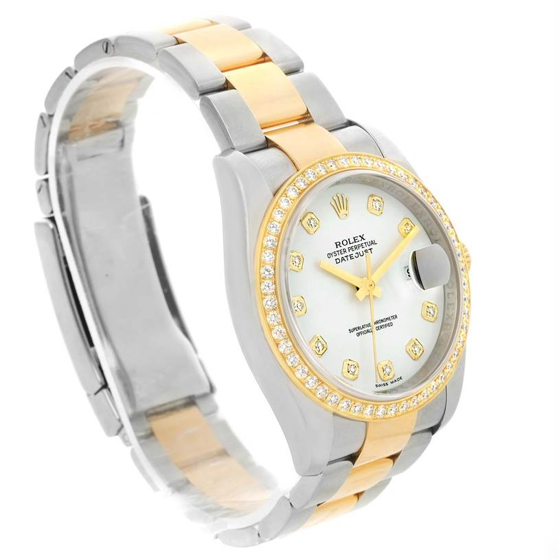 This image shows a Rolex Datejust 116243 Stainless Steel White Dial 116243 Stainless Steel White Dial watch angled to the left, highlighting the face, bezel, and two-tone bracelet.