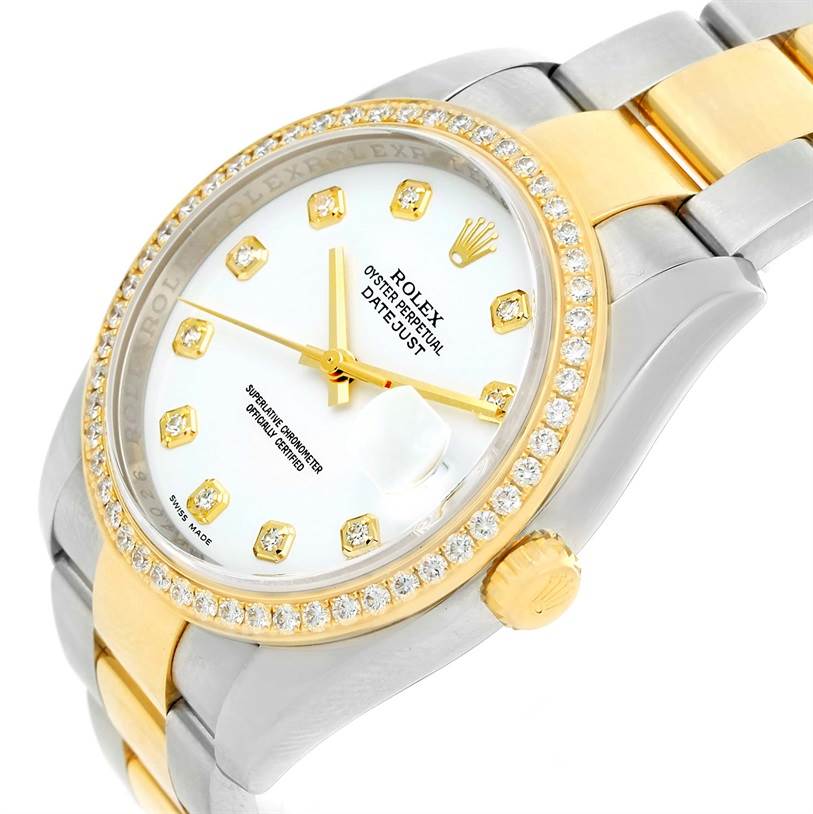 This image shows a side angle view of the Rolex Datejust 116243 Stainless Steel White Dial 116243 Stainless Steel White Dial watch highlighting its dial, bezel, crown, and part of the bracelet.