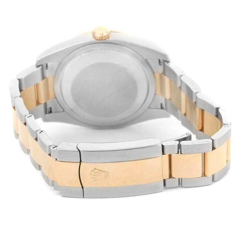 This image shows the closed case back and two-tone bracelet with clasp of the Rolex Datejust 116243 Stainless Steel White Dial 116243 Stainless Steel White Dial watch from a rear angle.