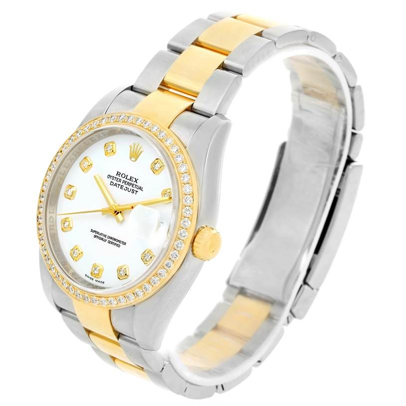 The image shows a Rolex Datejust 116243 Stainless Steel White Dial 116243 Stainless Steel White Dial watch with a side angle detailing its dial, bezel, crown, and two-tone bracelet.