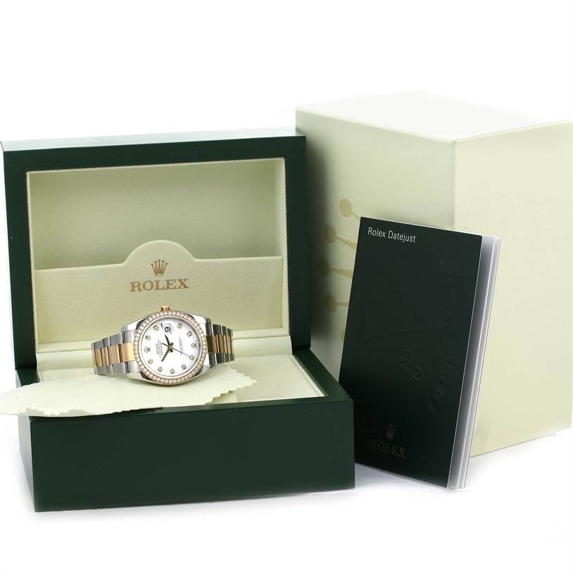 The image shows a Rolex Datejust 116243 Stainless Steel White Dial 116243 Stainless Steel White Dial watch in its box at a frontal angle, with the outer box and instruction manual beside it.
