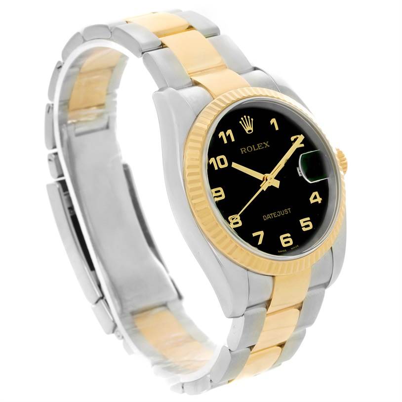 This image shows a Rolex Datejust 116233 Men
s Stainless Steel Black Dial 116233 Men
s Stainless Steel Black Dial watch from a three-quarter angle, highlighting its face, bezel, and two-tone bracelet.