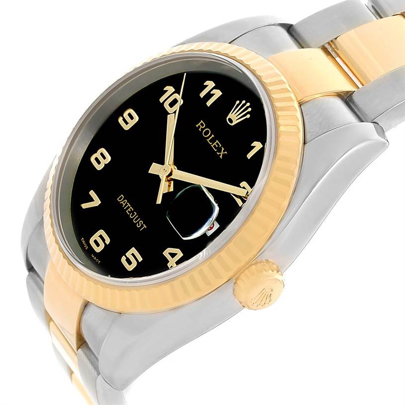 The image shows a side angle of the Rolex Datejust 116233 Men
s Stainless Steel Black Dial 116233 Men
s Stainless Steel Black Dial watch, highlighting the bezel, crown, case, and part of the bracelet.