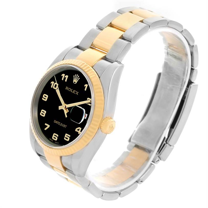 The Rolex Datejust 116233 Men
s Stainless Steel Black Dial 116233 Men
s Stainless Steel Black Dial watch is shown at a slight angle, displaying the black dial, gold bezel, and a two-tone gold and silver bracelet.