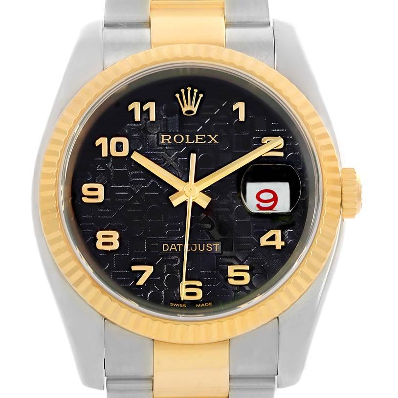 The image shows a front angle of the Rolex Datejust 116233 Men
s Stainless Steel Black Dial 116233 Men
s Stainless Steel Black Dial watch featuring a black dial, gold numerals, and a two-tone bracelet.