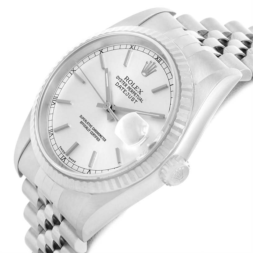 The image shows a Rolex Datejust 16234 Men
s Stainless Steel Silver Dial 16234 Men
s Stainless Steel Silver Dial watch from an angled side view, highlighting the face, bezel, and part of the bracelet.