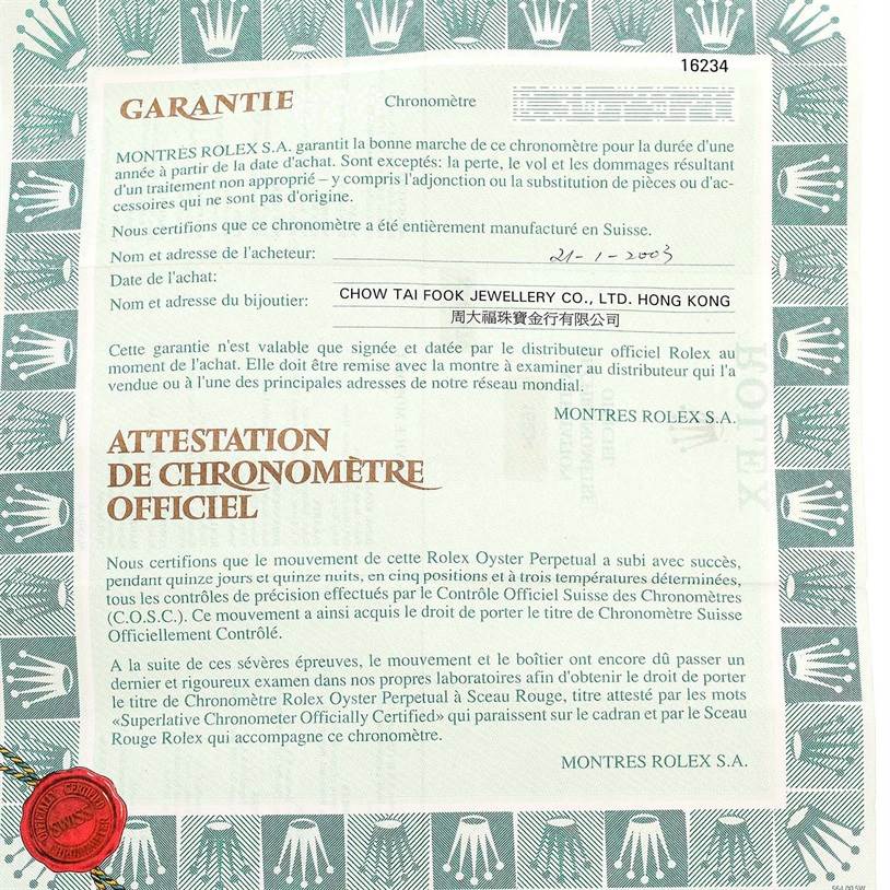 This is a Rolex Datejust 16234 Men
s Stainless Steel Silver Dial 16234 Men
s Stainless Steel Silver Dial warranty certificate showing the serial number, jeweler
s name, and chronometer certification details.