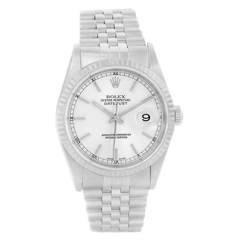 This image features a Rolex Datejust 16234 Men
s Stainless Steel Silver Dial 16234 Men
s Stainless Steel Silver Dial watch shown from a straight-on angle, displaying its dial, bezel, and bracelet.