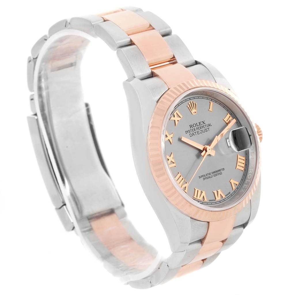 Angled to the right, this Rolex Datejust 116201 Men
s Steel and Gold (two tone) Grey Dial 116201 Men
s Steel and Gold (two tone) Grey Dial watch displays its two-tone bracelet, face, bezel, crown, lugs, and clasp.