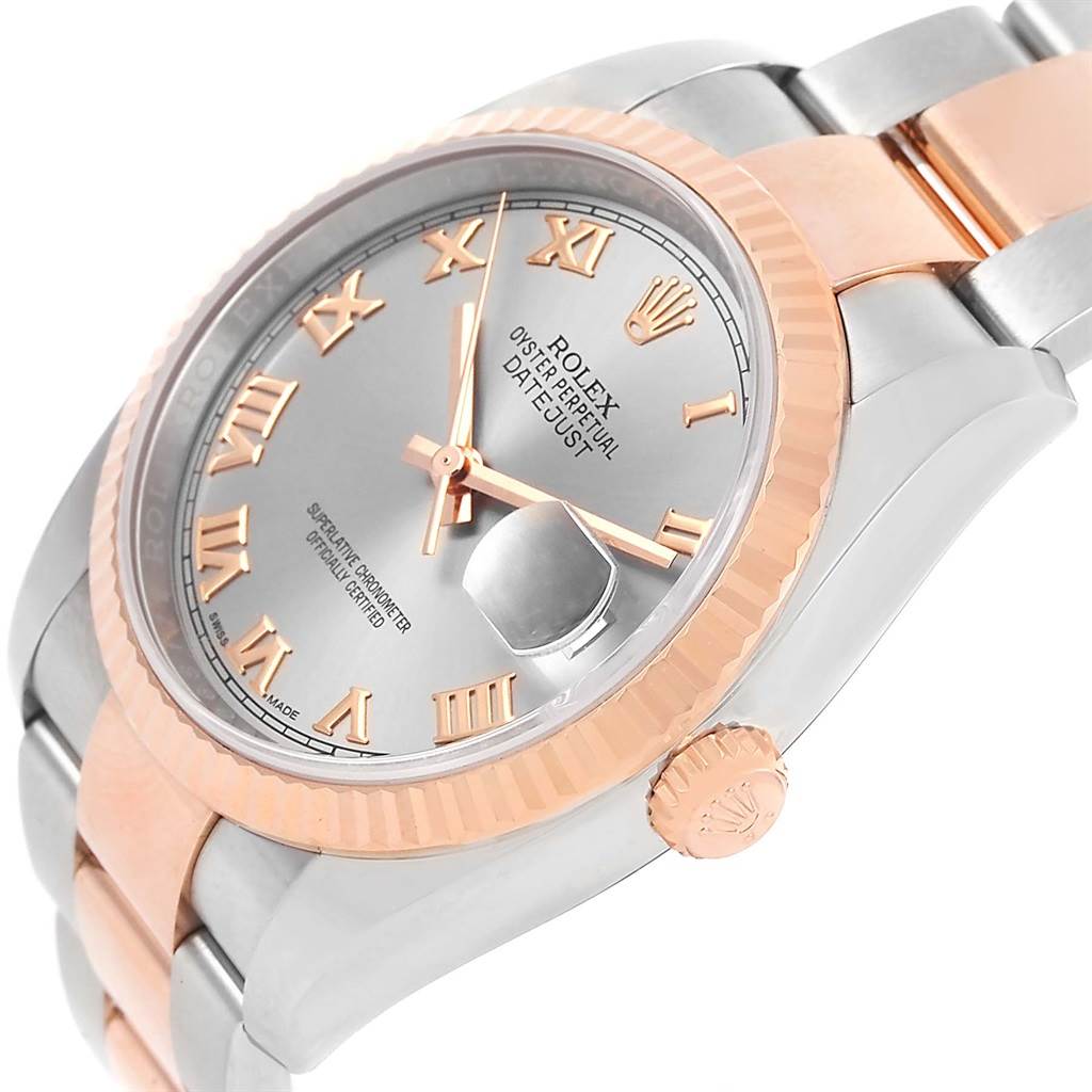 This image shows the Rolex Datejust 116201 Men
s Steel and Gold (two tone) Grey Dial 116201 Men
s Steel and Gold (two tone) Grey Dial watch at an angle, highlighting the face, fluted bezel, and part of the bracelet.