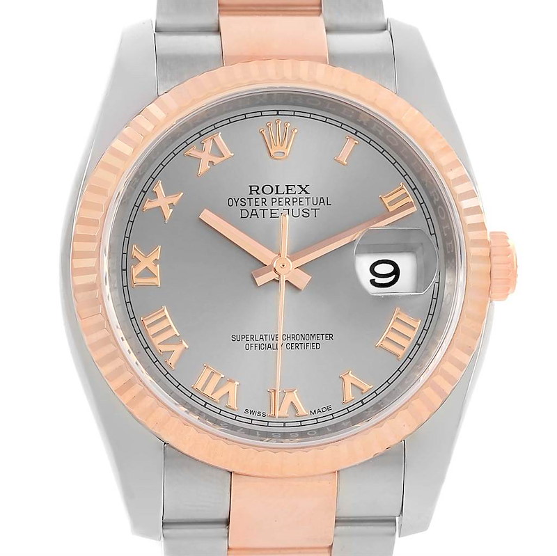 Rolex Datejust Steel 18K Rose Gold Slate Roman Dial Watch 116201 SwissWatchExpo