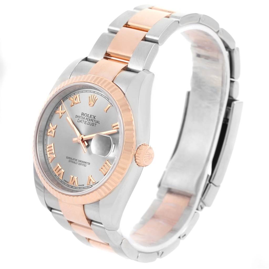 This Rolex Datejust 116201 Men
s Steel and Gold (two tone) Grey Dial 116201 Men
s Steel and Gold (two tone) Grey Dial model watch is shown at a slight angle, displaying the dial, bezel, crown, and part of the bracelet.