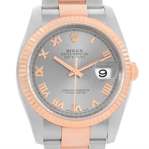 Photo of Rolex Datejust Steel 18K Rose Gold Slate Roman Dial Watch 116201