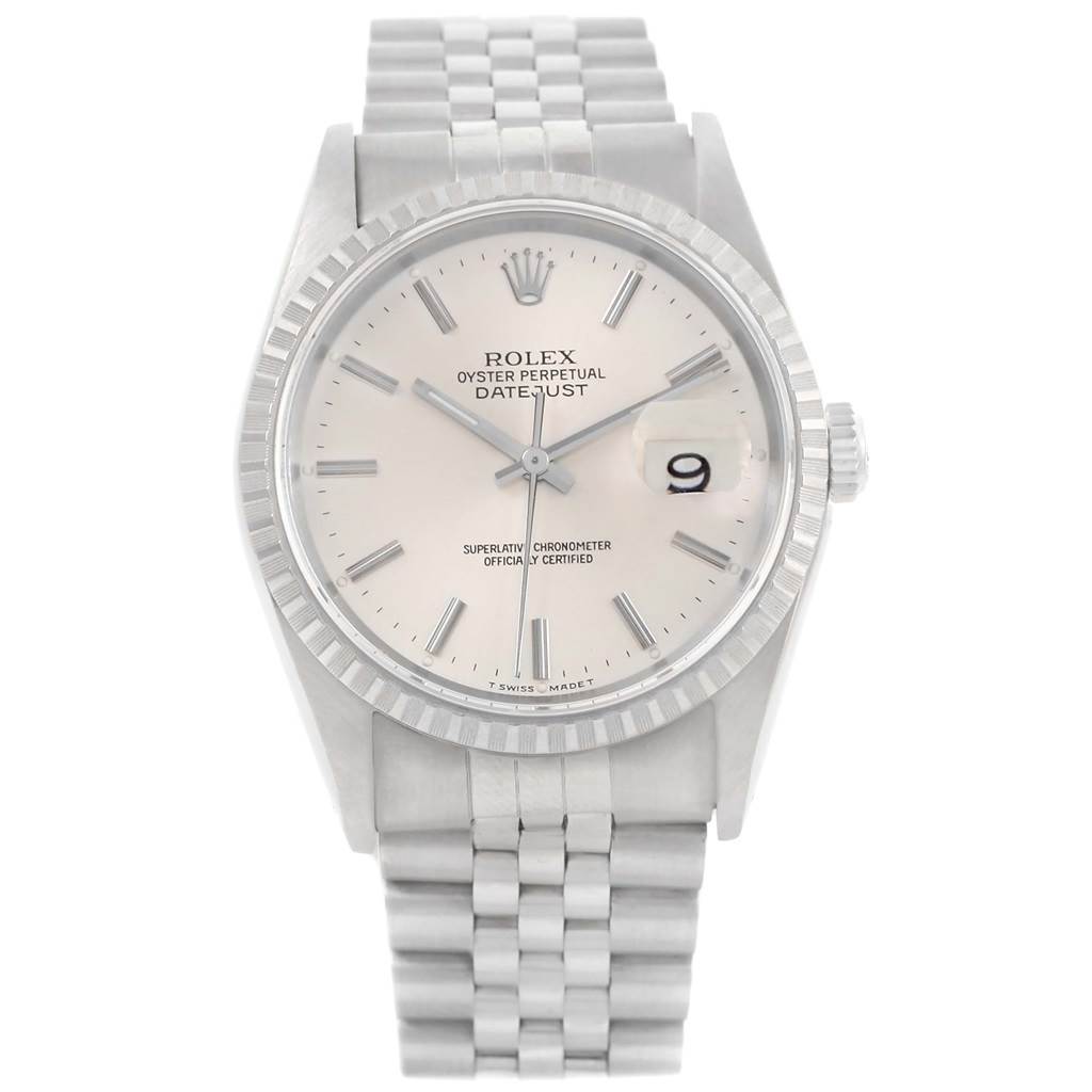 The image shows a front view of a Rolex Datejust 16220 Men
s Stainless Steel Silver Dial 16220 Men
s Stainless Steel Silver Dial watch displaying the face, bezel, crown, and bracelet.