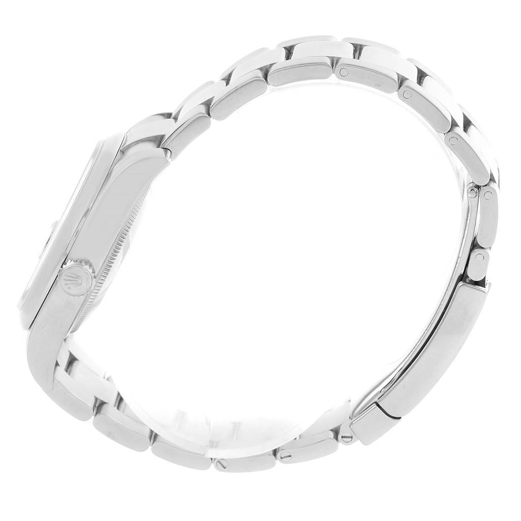 The image shows a side view of the Rolex Datejust 116200 Men
s Stainless Steel Silver Dial 116200 Men
s Stainless Steel Silver Dial watch, focusing on the case, crown, and bracelet.