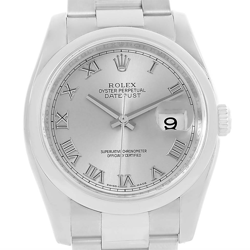 This is a frontal view of the Rolex Datejust 116200 Men
s Stainless Steel Silver Dial 116200 Men
s Stainless Steel Silver Dial watch, showcasing its dial, Roman numerals, bracelet, and crown.