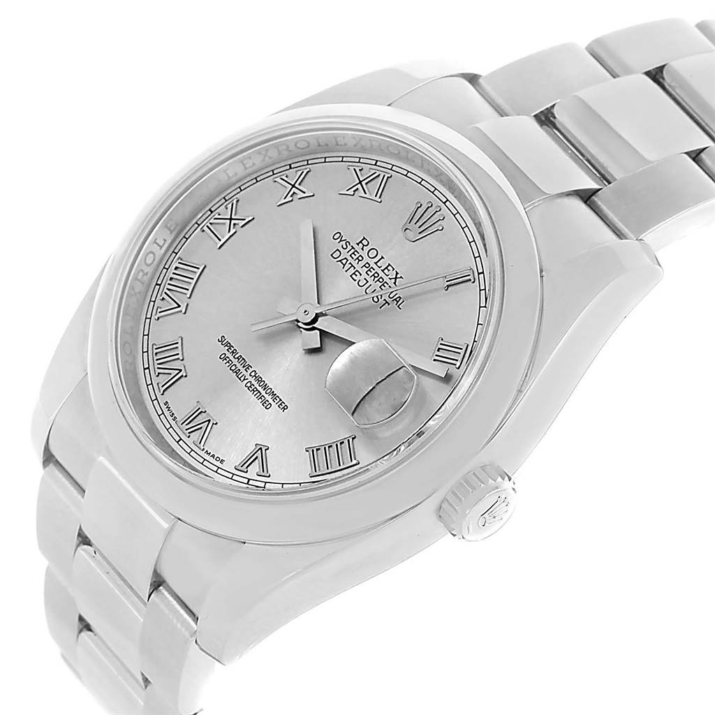 This image shows a Rolex Datejust 116200 Men
s Stainless Steel Silver Dial 116200 Men
s Stainless Steel Silver Dial watch from a front angle, highlighting the watch face, bezel, crown, and bracelet.