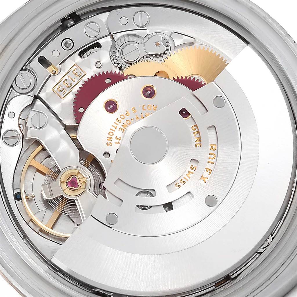 This image shows the internal mechanical movement of a Rolex Datejust 116231 Men's Steel and Gold (two tone) Black Dial 116231 Men's Steel and Gold (two tone) Black Dial watch from an overhead angle.