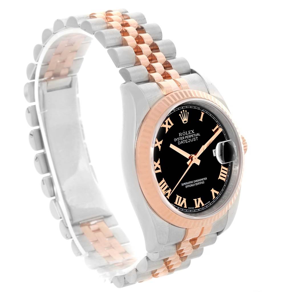 This image displays a Rolex Datejust 116231 Men's Steel and Gold (two tone) Black Dial 116231 Men's Steel and Gold (two tone) Black Dial watch at an angle, showing the face, two-tone bracelet, and part of the case.