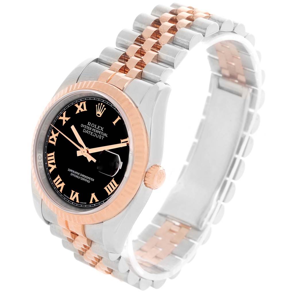 This image shows a Rolex Datejust 116231 Men's Steel and Gold (two tone) Black Dial 116231 Men's Steel and Gold (two tone) Black Dial watch from a 3/4 side angle, highlighting the face, bezel, crown, and bracelet.