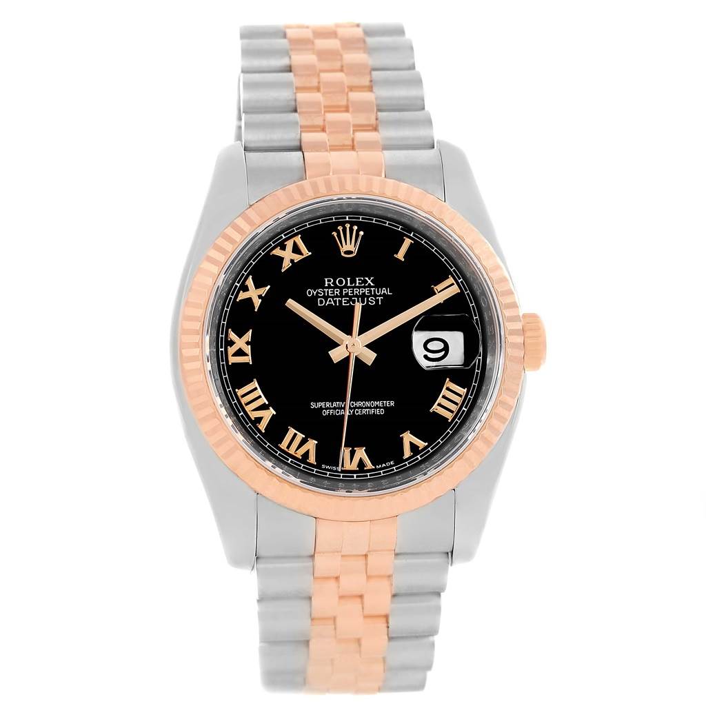 The image shows the front view of a Rolex Datejust 116231 Men's Steel and Gold (two tone) Black Dial 116231 Men's Steel and Gold (two tone) Black Dial watch, displaying the dial, hands, date window, and two-tone bracelet.