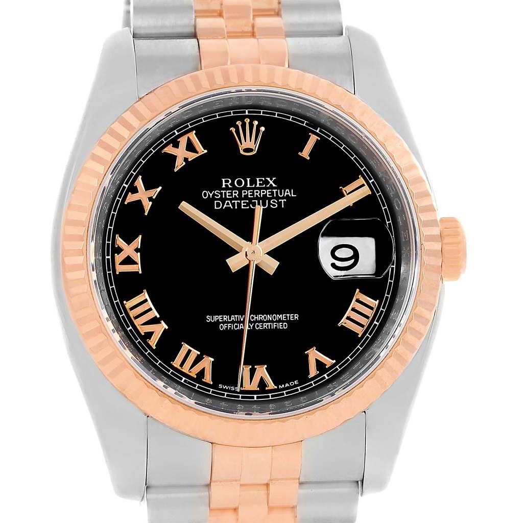 The image shows a front view of a Rolex Datejust 116231 Men's Steel and Gold (two tone) Black Dial 116231 Men's Steel and Gold (two tone) Black Dial watch, highlighting its face, bezel, and part of the bracelet.