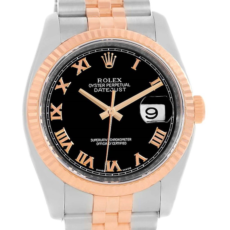 Rolex Datejust Mens Steel 18k Rose Gold Black Roman Dial Watch 116231 SwissWatchExpo