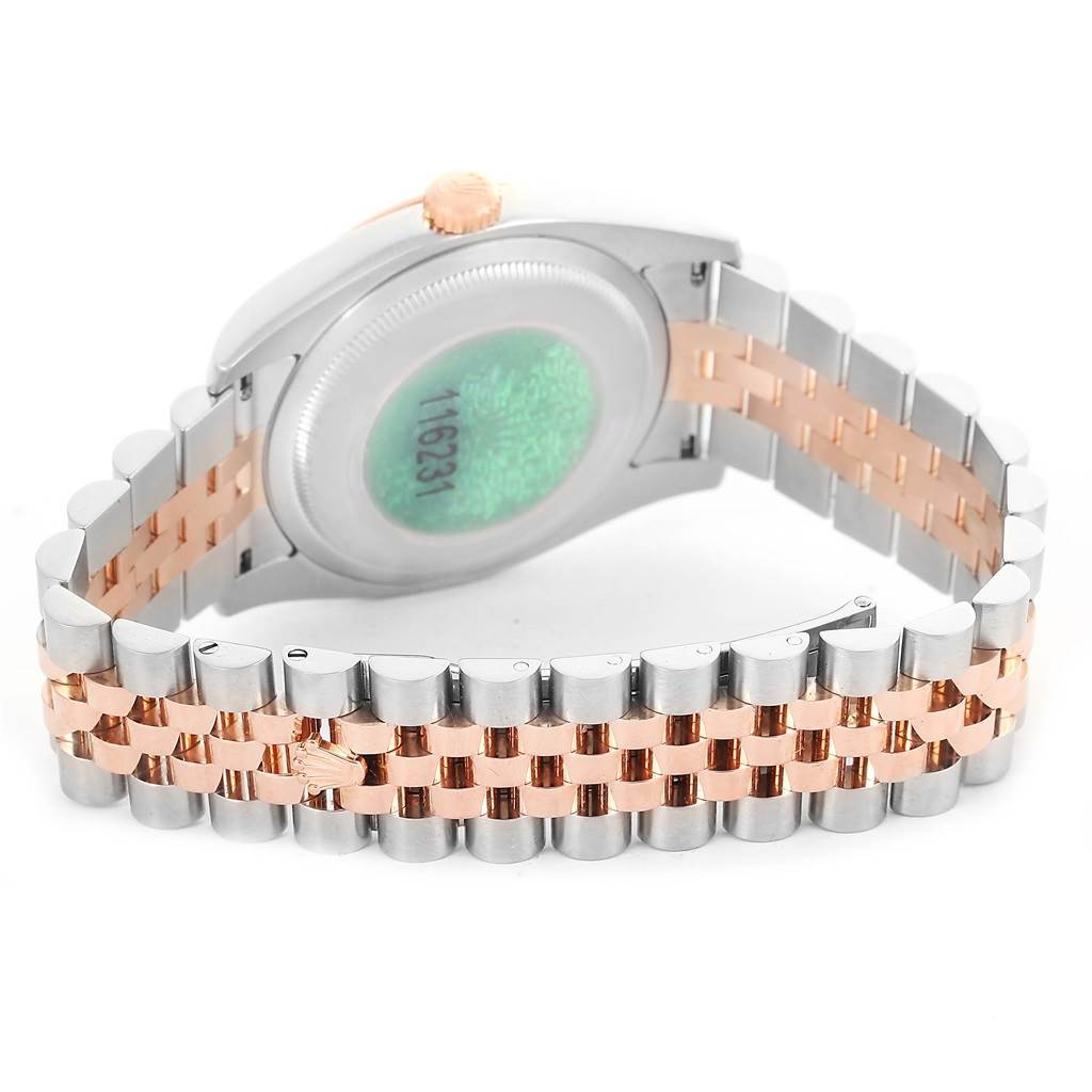 The image shows the back view of a Rolex Datejust 116231 Men's Steel and Gold (two tone) Black Dial 116231 Men's Steel and Gold (two tone) Black Dial watch, focusing on the case back and the Jubilee bracelet.