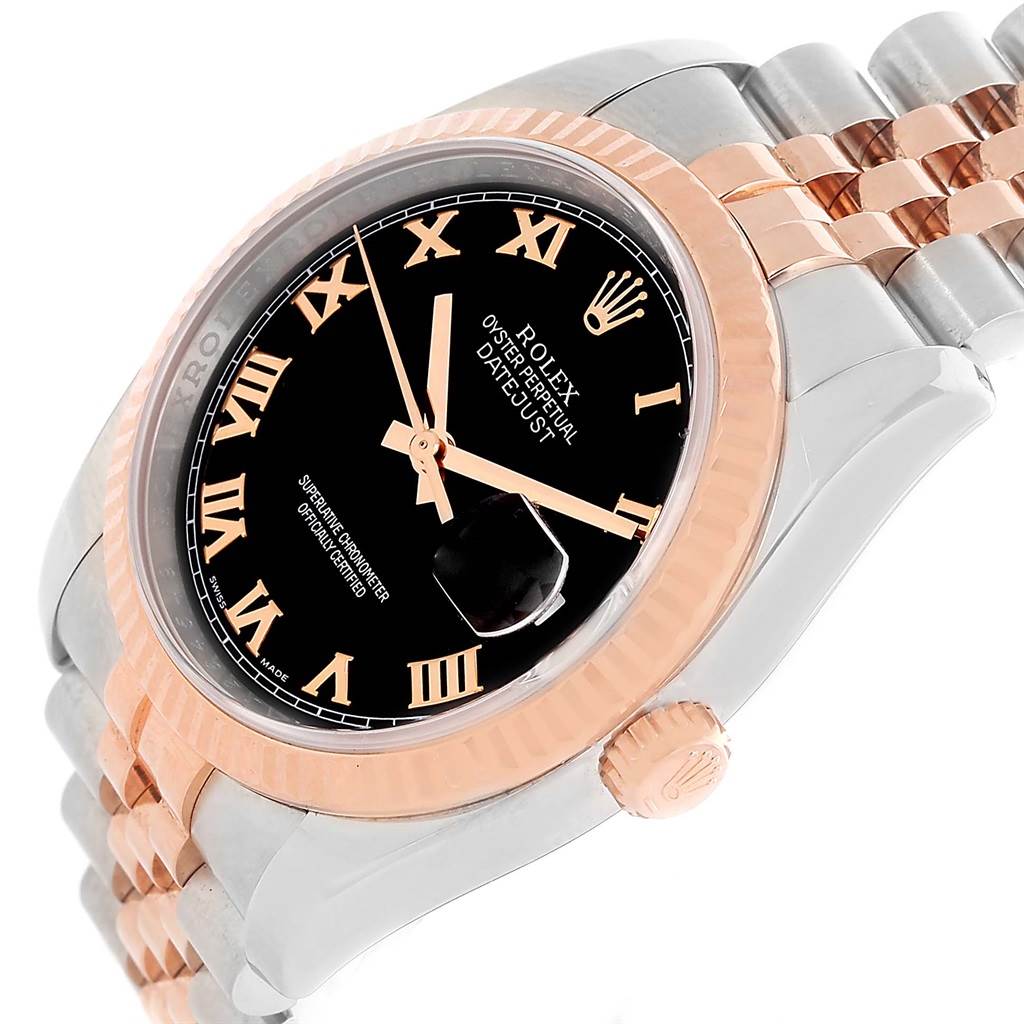 The Rolex Datejust 116231 Men's Steel and Gold (two tone) Black Dial 116231 Men's Steel and Gold (two tone) Black Dial watch is shown at a slight angle, featuring the bezel, dial, Roman numerals, crown, and part of the two-tone bracelet.