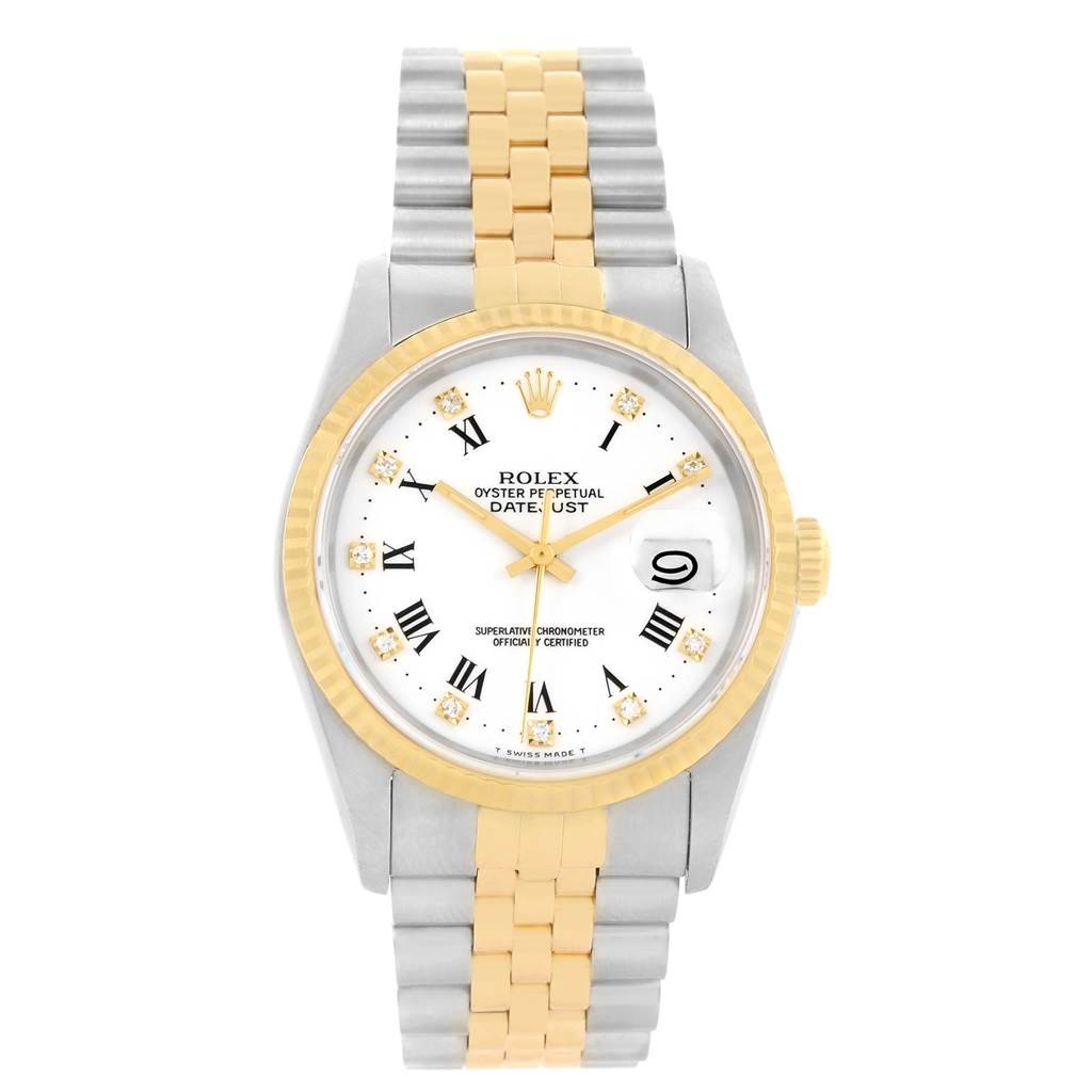 The image shows a front view of a Rolex Datejust 16233 Men's Steel and Gold (two tone) White Dial 16233 Men's Steel and Gold (two tone) White Dial watch, highlighting its face, bezel, and bracelet.