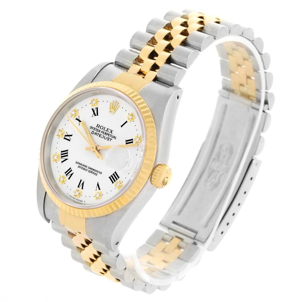 The Rolex Datejust 16233 Men's Steel and Gold (two tone) White Dial 16233 Men's Steel and Gold (two tone) White Dial watch is shown at an angle emphasizing its face, bezel, crown, and dual-tone bracelet.