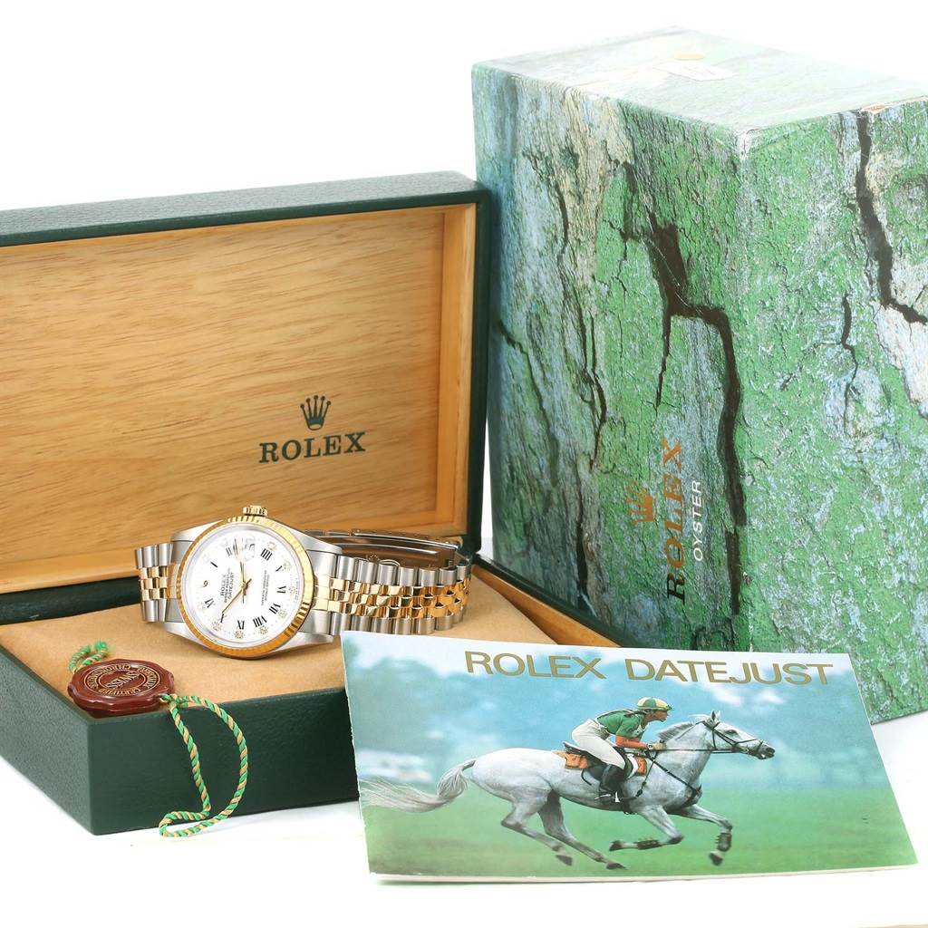 The image shows a Rolex Datejust 16233 Men's Steel and Gold (two tone) White Dial 16233 Men's Steel and Gold (two tone) White Dial watch in its box, with the outer box, booklet, and Rolex seal.