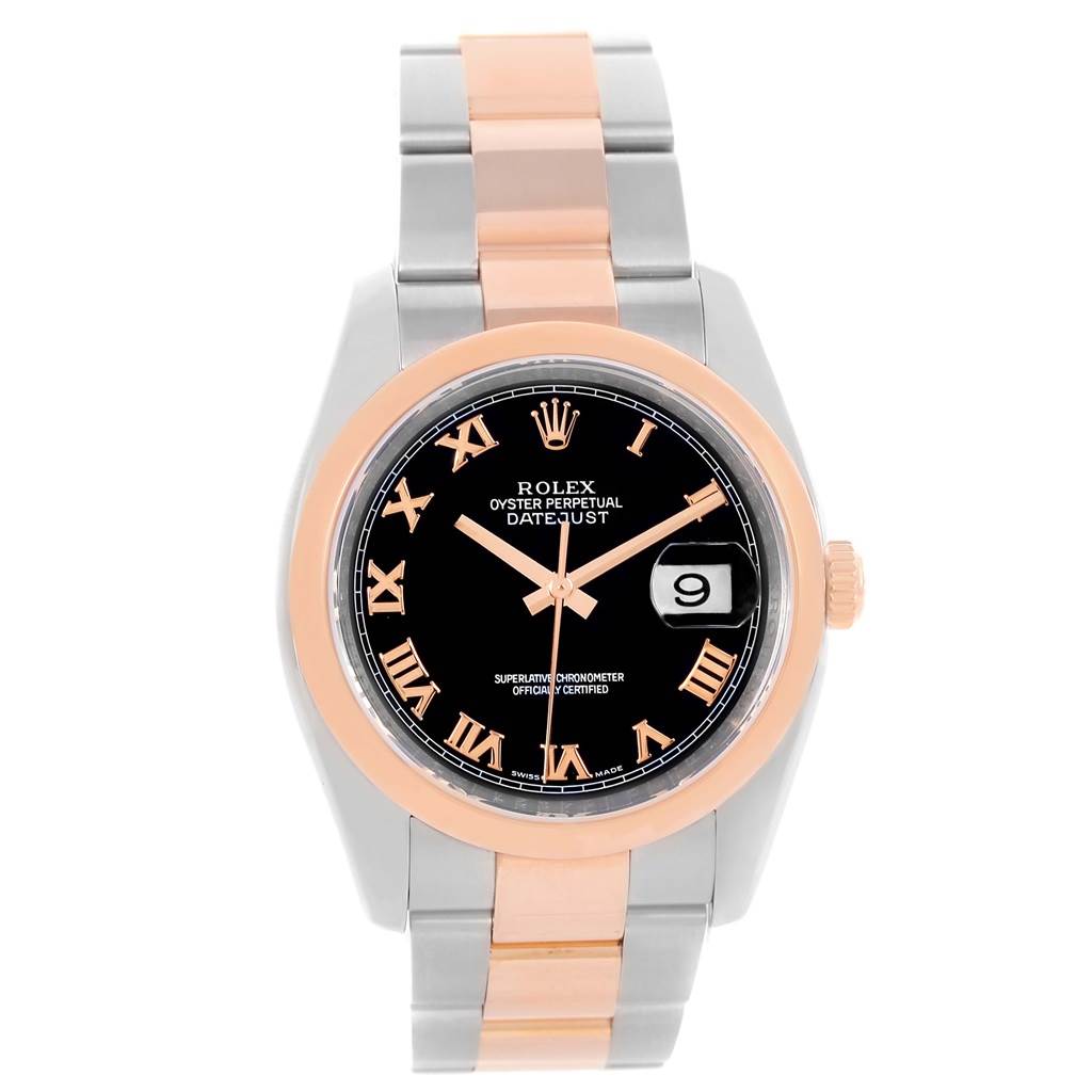 The image shows a front view of a Rolex Datejust 116201 Steel and Gold (two tone) Black Dial 116201 Steel and Gold (two tone) Black Dial watch with a two-tone bracelet and Roman numerals on the dial.
