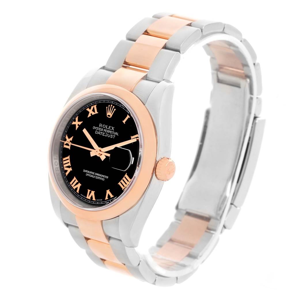This image shows a Rolex Datejust 116201 Steel and Gold (two tone) Black Dial 116201 Steel and Gold (two tone) Black Dial watch from an angled front view, highlighting its black dial, rose gold bezel, and two-tone bracelet.