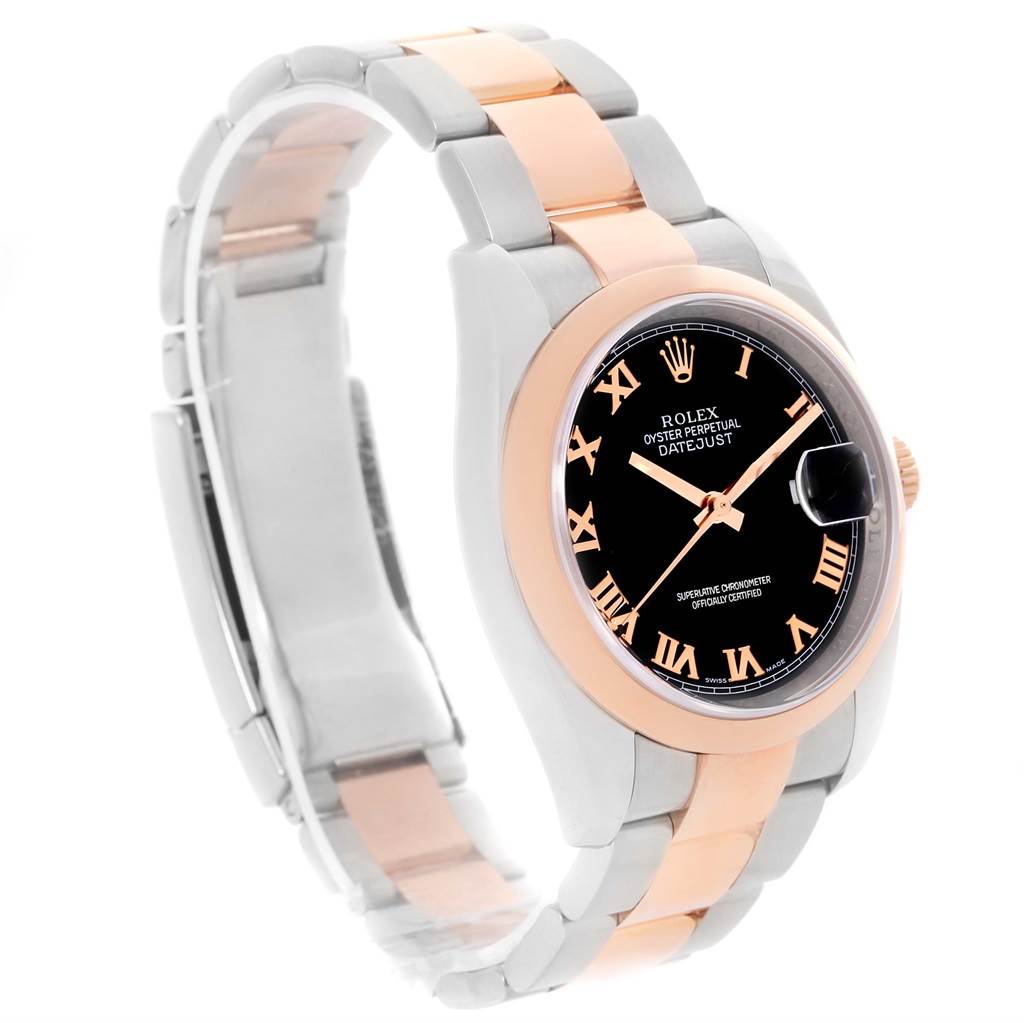 The image shows a Rolex Datejust 116201 Steel and Gold (two tone) Black Dial 116201 Steel and Gold (two tone) Black Dial watch at a slight angle, highlighting its rose gold and silver bracelet and black dial with Roman numerals.
