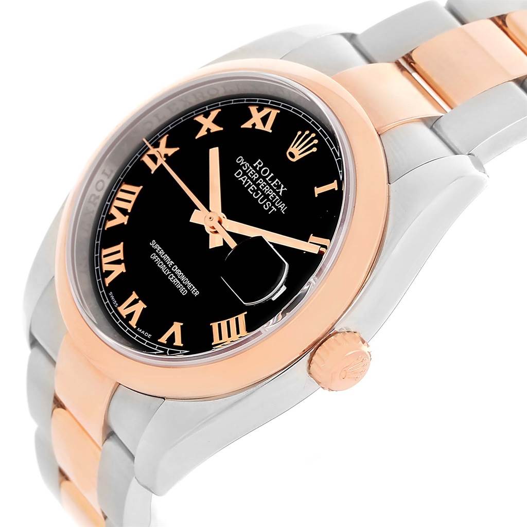 The image shows a side angle of a Rolex Datejust 116201 Steel and Gold (two tone) Black Dial 116201 Steel and Gold (two tone) Black Dial watch, highlighting the face, bezel, crown, and part of the bracelet.