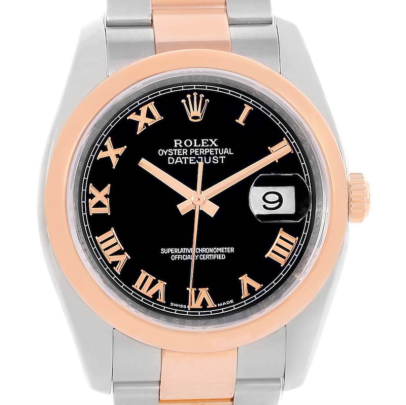 Rolex Datejust Steel 18K Rose Gold Black Roman Dial Watch 116201 SwissWatchExpo