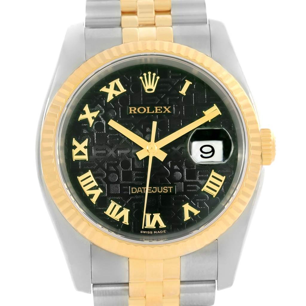 The image shows a frontal view of a Rolex Datejust 116233 Men's Stainless Steel Black Dial 116233 Men's Stainless Steel Black Dial watch with a two-tone bezel and bracelet, and a black dial with gold Roman numerals.