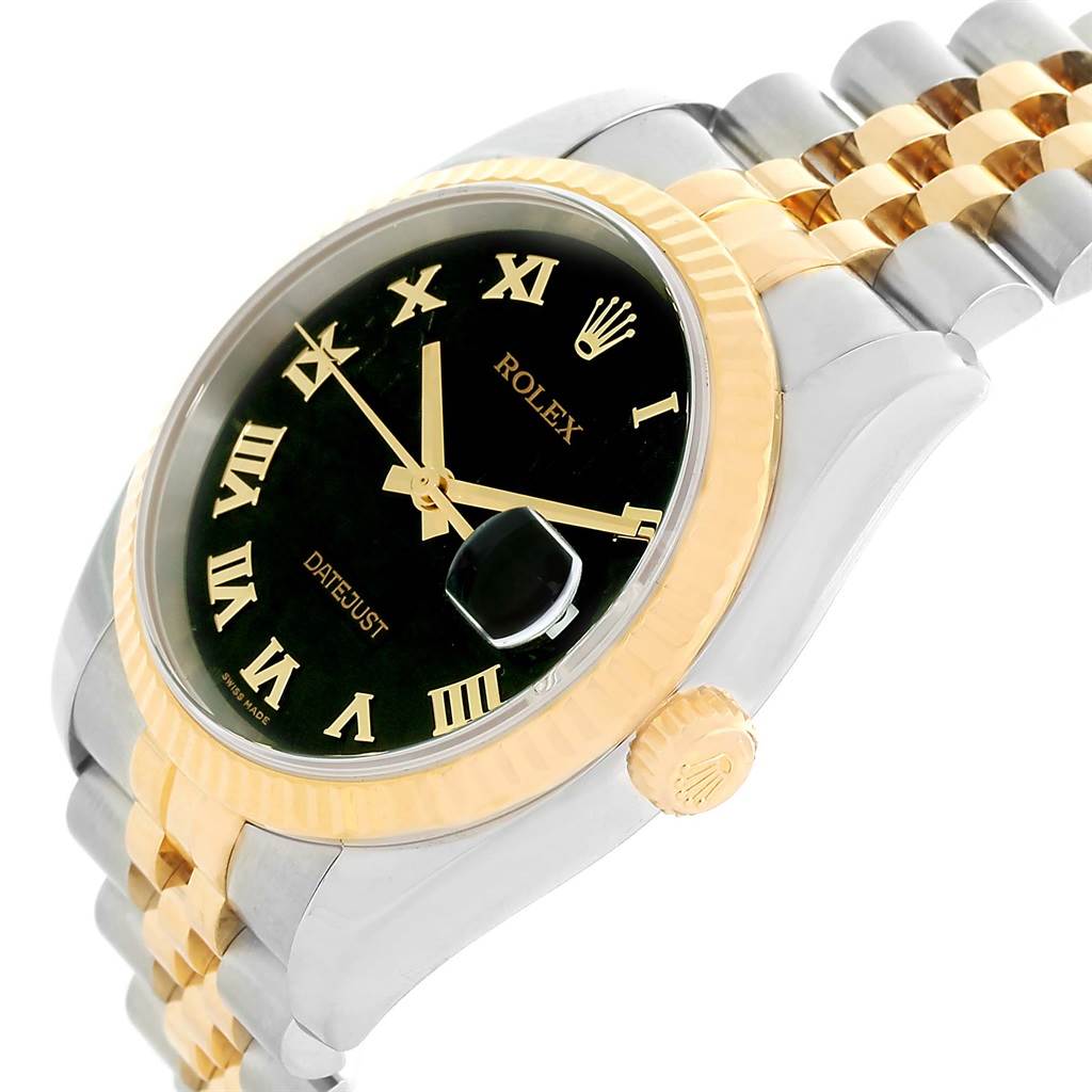 The Rolex Datejust 116233 Men's Stainless Steel Black Dial 116233 Men's Stainless Steel Black Dial watch is shown at an angle, highlighting its black dial, Roman numerals, bezel, crown, and two-tone bracelet.