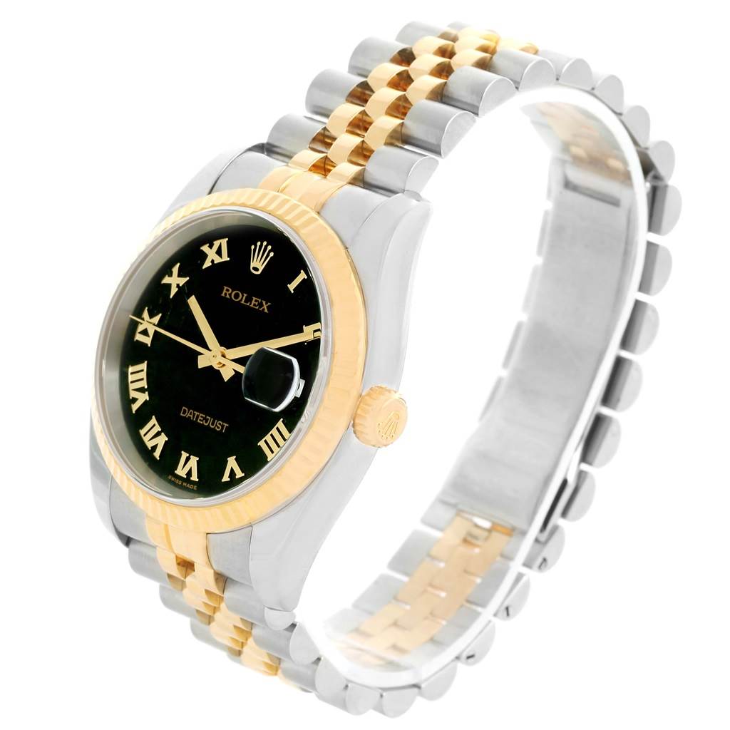 The image shows a side angle of the Rolex Datejust 116233 Men's Stainless Steel Black Dial 116233 Men's Stainless Steel Black Dial watch, highlighting the dial, bezel, crown, and bracelet.