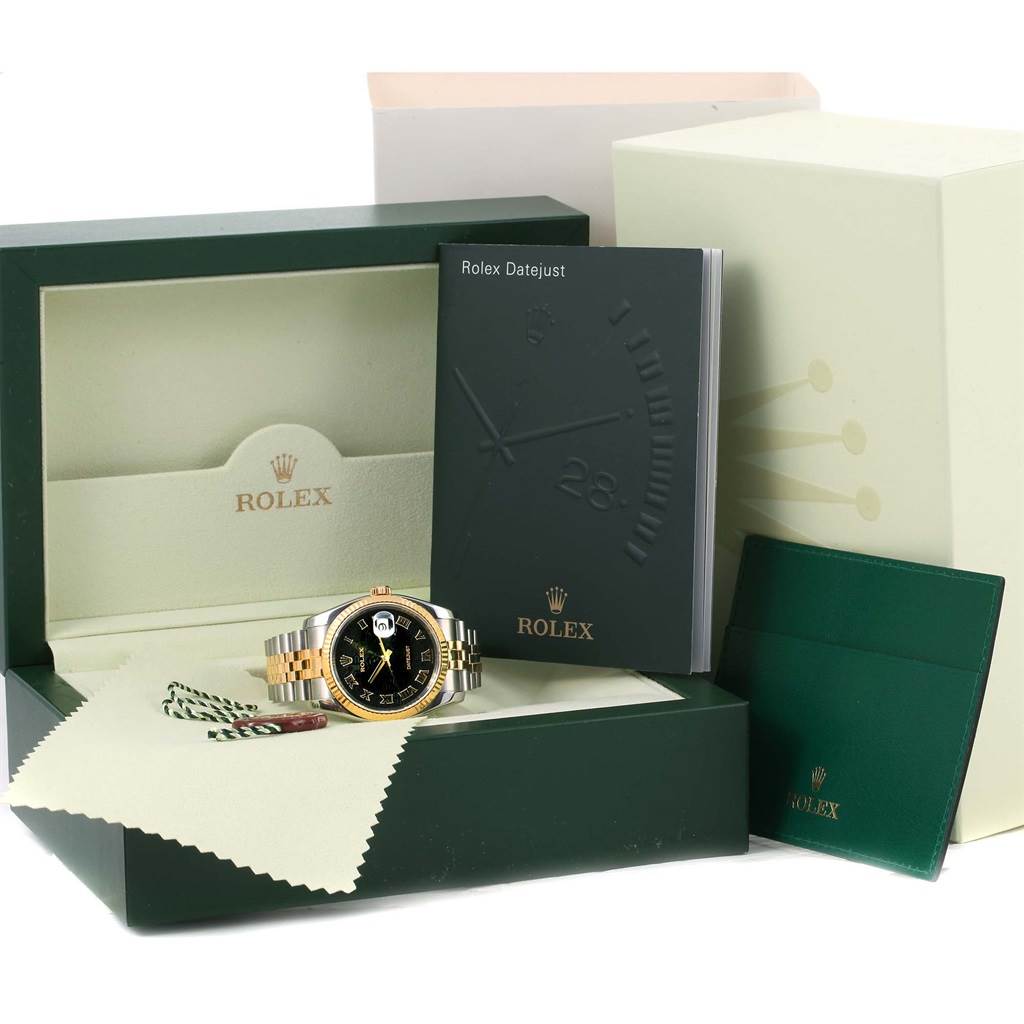 The image shows a Rolex Datejust 116233 Men's Stainless Steel Black Dial 116233 Men's Stainless Steel Black Dial watch with a black dial, gold accents, and its green and beige packaging, along with manuals and accessories.