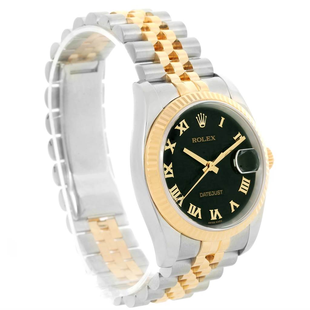 The image shows a Rolex Datejust 116233 Men's Stainless Steel Black Dial 116233 Men's Stainless Steel Black Dial watch at a three-quarter angle, highlighting its two-tone bracelet, bezel, and black dial with Roman numerals.