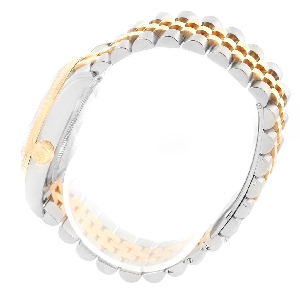 This angle shows the side profile and bracelet of a Rolex Datejust 116233 Men's Stainless Steel Black Dial 116233 Men's Stainless Steel Black Dial watch, highlighting its two-tone design.