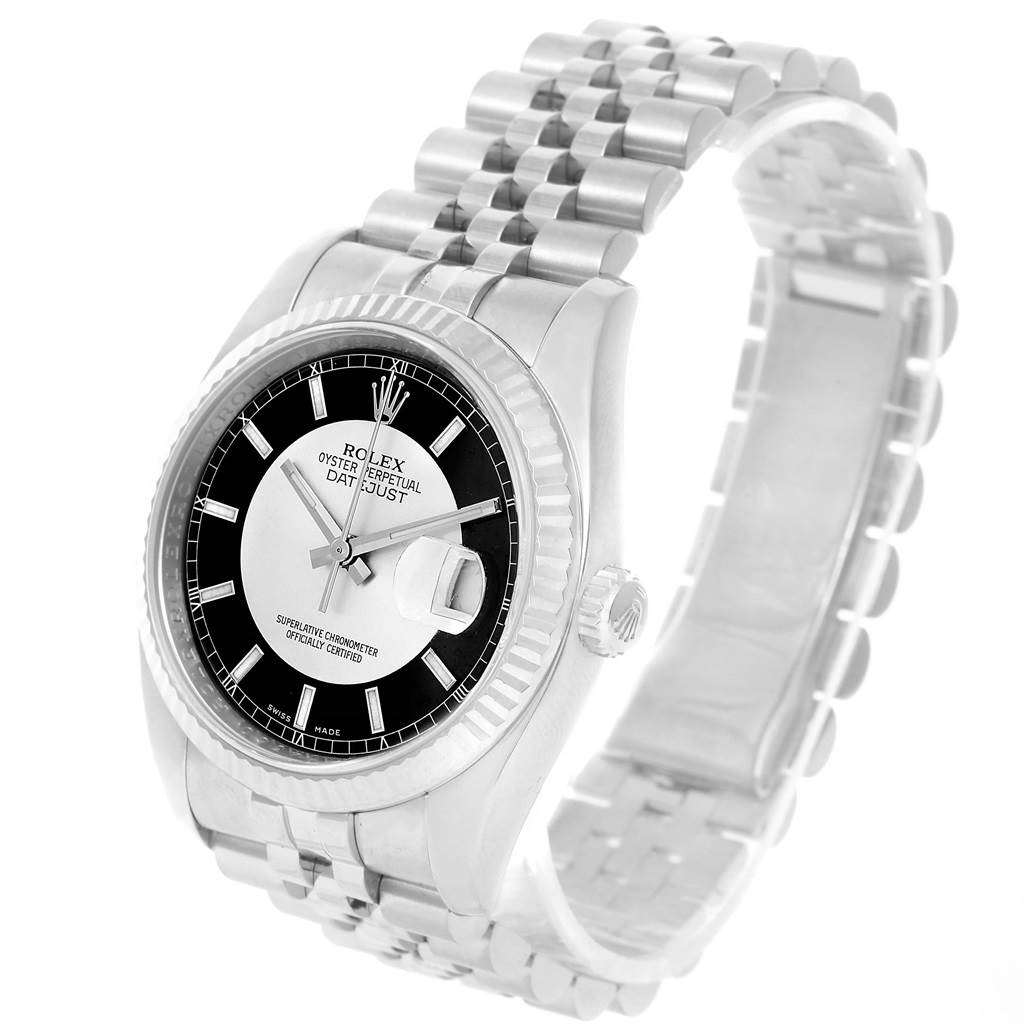 The image shows a Rolex Datejust 116234 Men's Stainless Steel Black Dial 116234 Men's Stainless Steel Black Dial watch at a slight angle highlighting its face, bezel, and Jubilee bracelet.