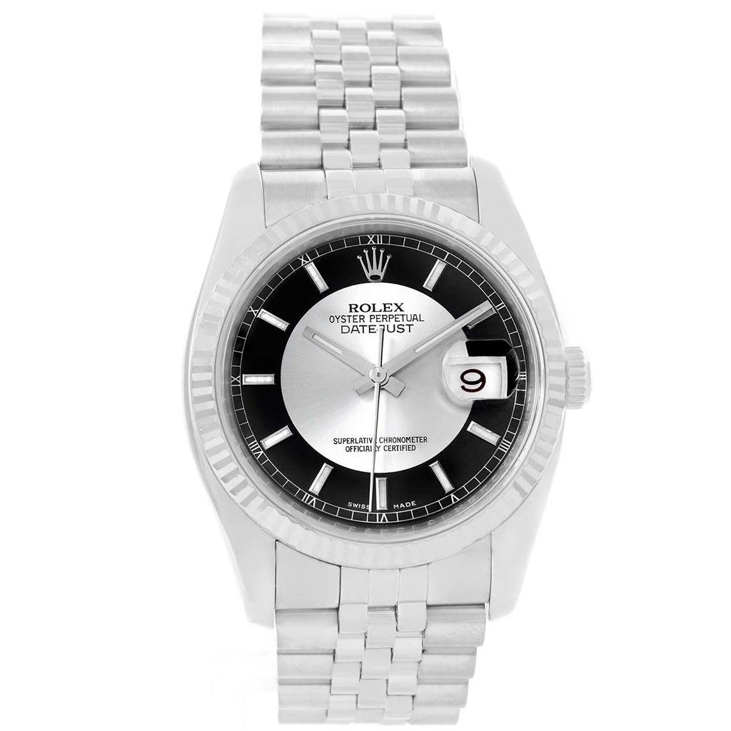 The image shows the front view of a Rolex Datejust 116234 Men's Stainless Steel Black Dial 116234 Men's Stainless Steel Black Dial watch, displaying its face, bezel, and bracelet.