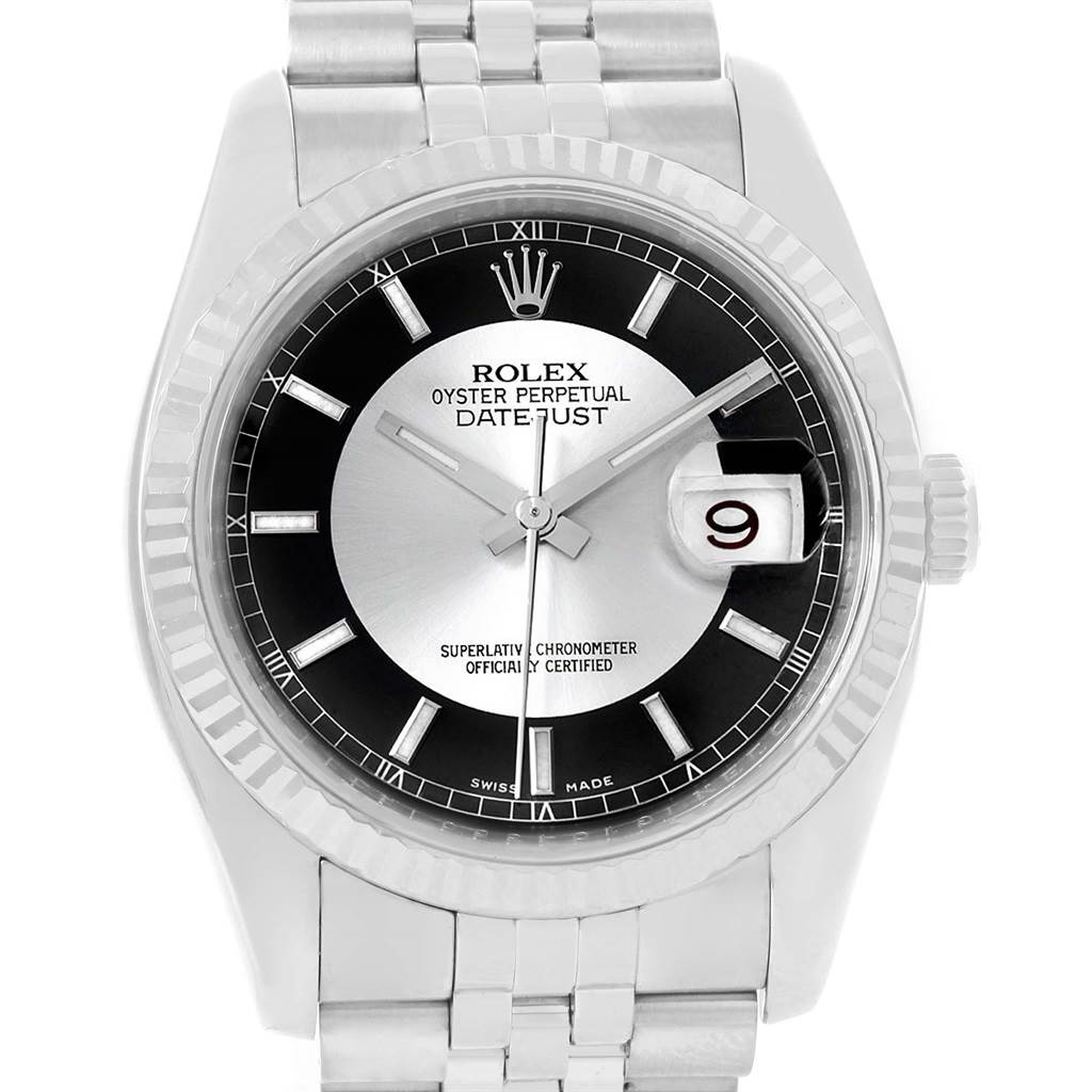 The image shows a Rolex Datejust 116234 Men's Stainless Steel Black Dial 116234 Men's Stainless Steel Black Dial watch from a front angle, highlighting the dial, bezel, and bracelet.